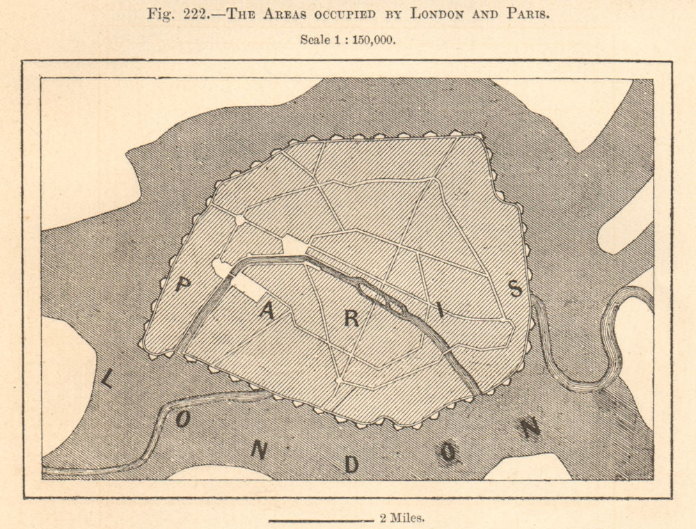 The Areas Occupied by London and Paris. Europe. Sketch map 1885 old